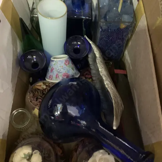 Box Lot of Vintage Coloured Bottles, Lidded Dishes, Etc