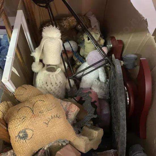 Box Lot of Garden Ornaments, Frames, Door Stops Etc