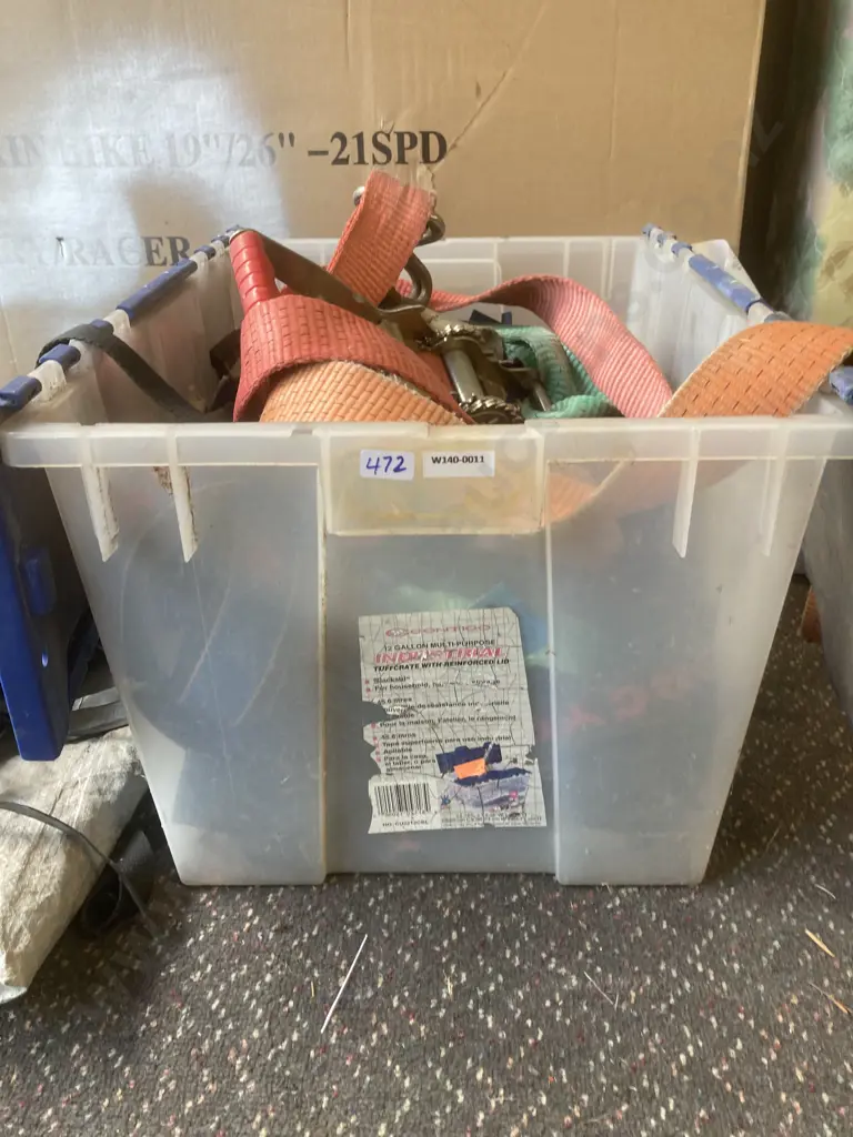 12 Gallon Industrial Tuff Crate, Ratchets & Strops, Two Tarpaulins Image 1++