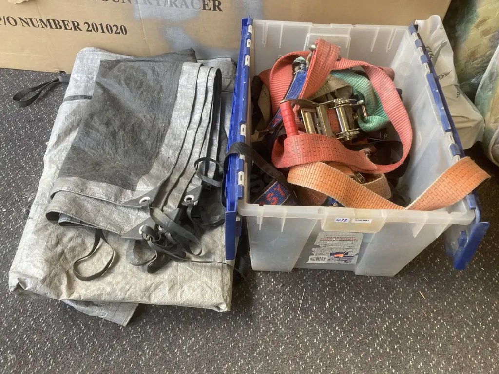 12 Gallon Industrial Tuff Crate, Ratchets & Strops, Two Tarpaulins Image 1++