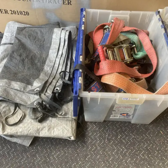 12 Gallon Industrial Tuff Crate, Ratchets & Strops, Two Tarpaulins