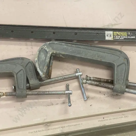 Irwin Chisels In Pouch, 1200mm T-Bar Sash Clamp, 2 x 6" & 2 x 8" Fuller Clamps