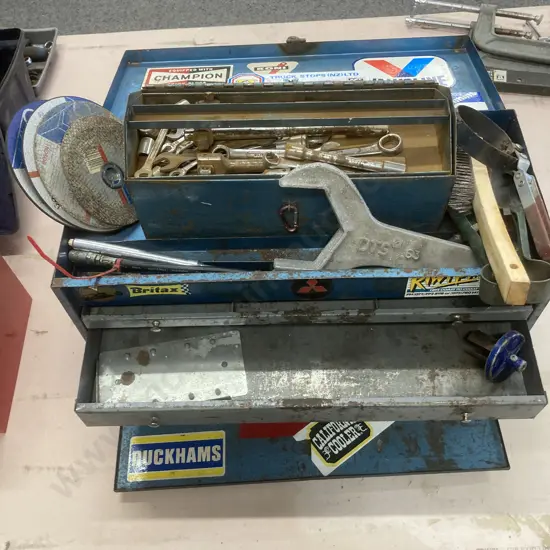 Blue Steel 4 Drawer Toolbox, Tools, Cutting Discs, Etc With Small Toolbox & Tools