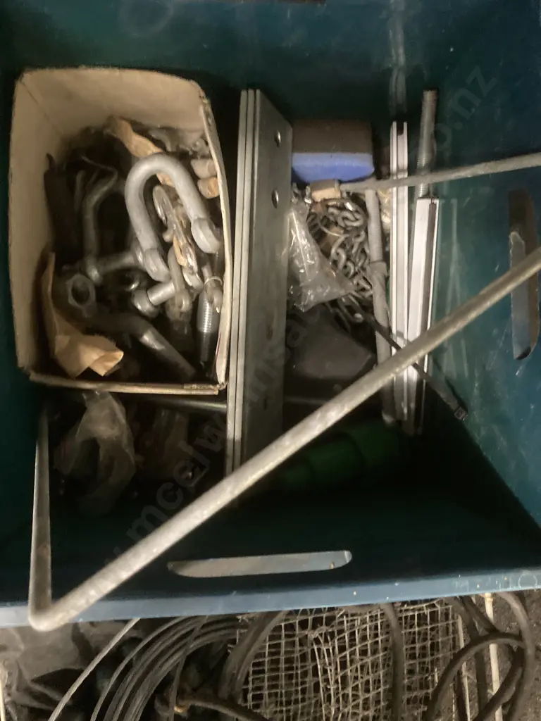 Bin Shackles, Bolts, Oil Filters, Chain Etc With Wire Rope, Gloves, Bungee Cord Etc In Wire Basket Image 1++