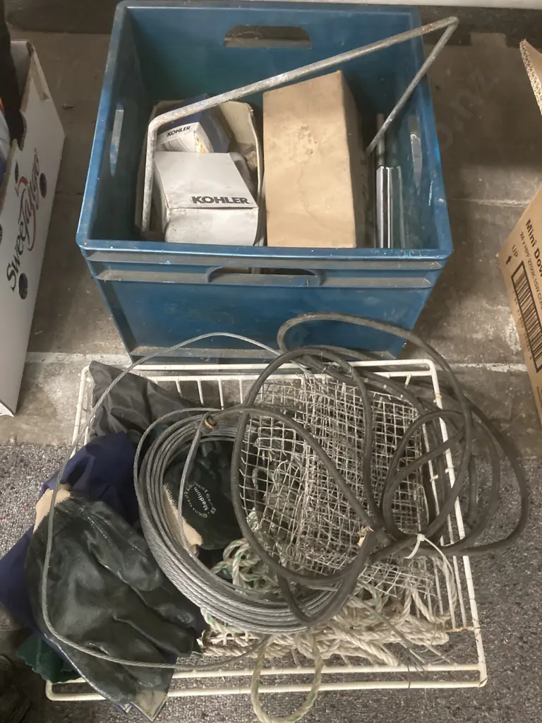 Bin Shackles, Bolts, Oil Filters, Chain Etc With Wire Rope, Gloves, Bungee Cord Etc In Wire Basket Image 1++