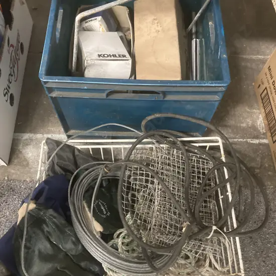 Bin Shackles, Bolts, Oil Filters, Chain Etc With Wire Rope, Gloves, Bungee Cord Etc In Wire Basket