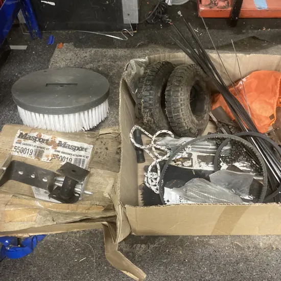 Box Lot Masport Home Gardener Attachment Kit, Box of Chain, Bar, Blades, Tyres, Files Etc