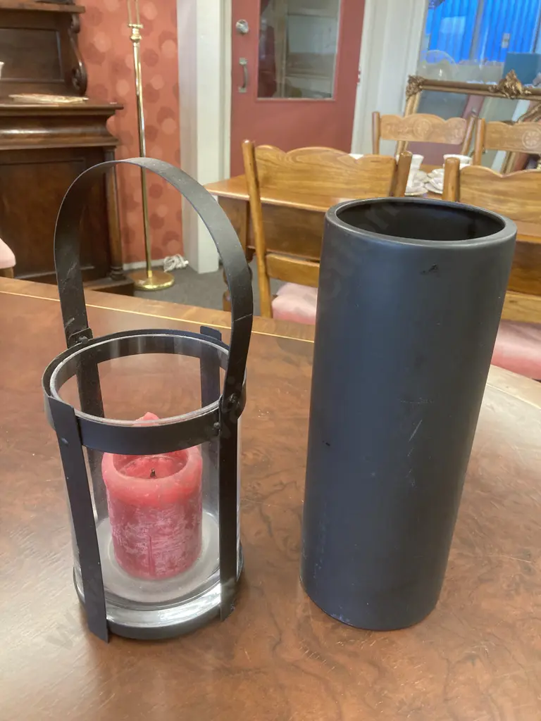Black Wrought & Glass Candle Holder & Candle With A Brown Terracotta Vase Image 1++