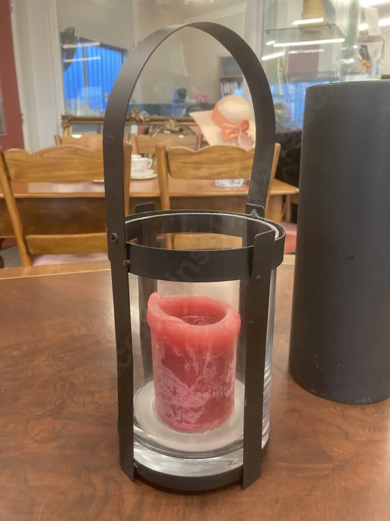 Black Wrought & Glass Candle Holder & Candle With A Brown Terracotta Vase Image 1++