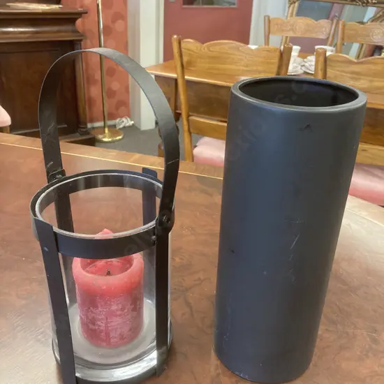 Black Wrought & Glass Candle Holder & Candle With A Brown Terracotta Vase