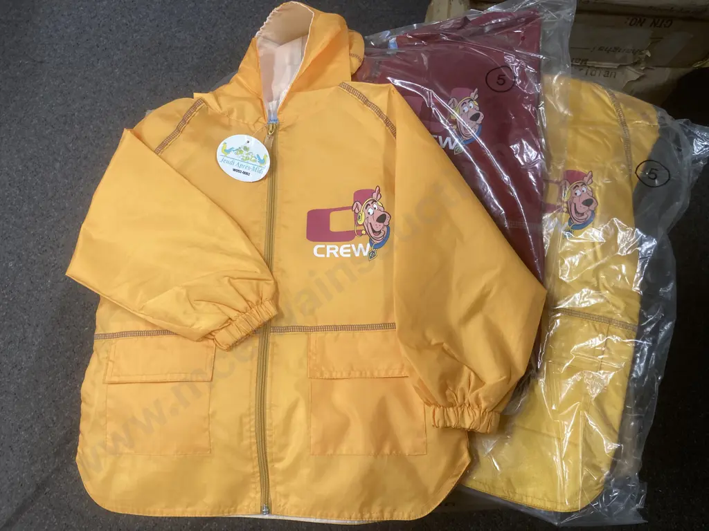 New Kids Hooded Lined Jackets, Zip Front, Asstd Yellow, Orange, Burgundy, 6 x Boxes of 32, Sz 3, 4, 5, 6, Light Weight Image 1++