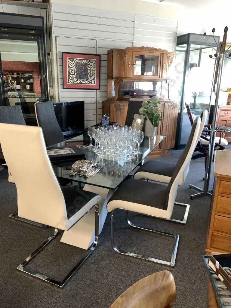 Modernist Rectangular Glass Top Table With A Black & White X Base, L1.6m, W90cm, H73cm Bevelled Edge, Small Flaw Image 1++