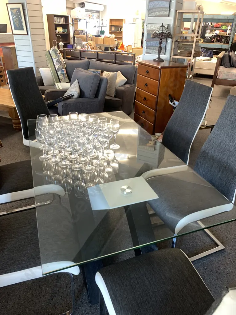 Modernist Rectangular Glass Top Table With A Black & White X Base, L1.6m, W90cm, H73cm Bevelled Edge, Small Flaw Image 1++
