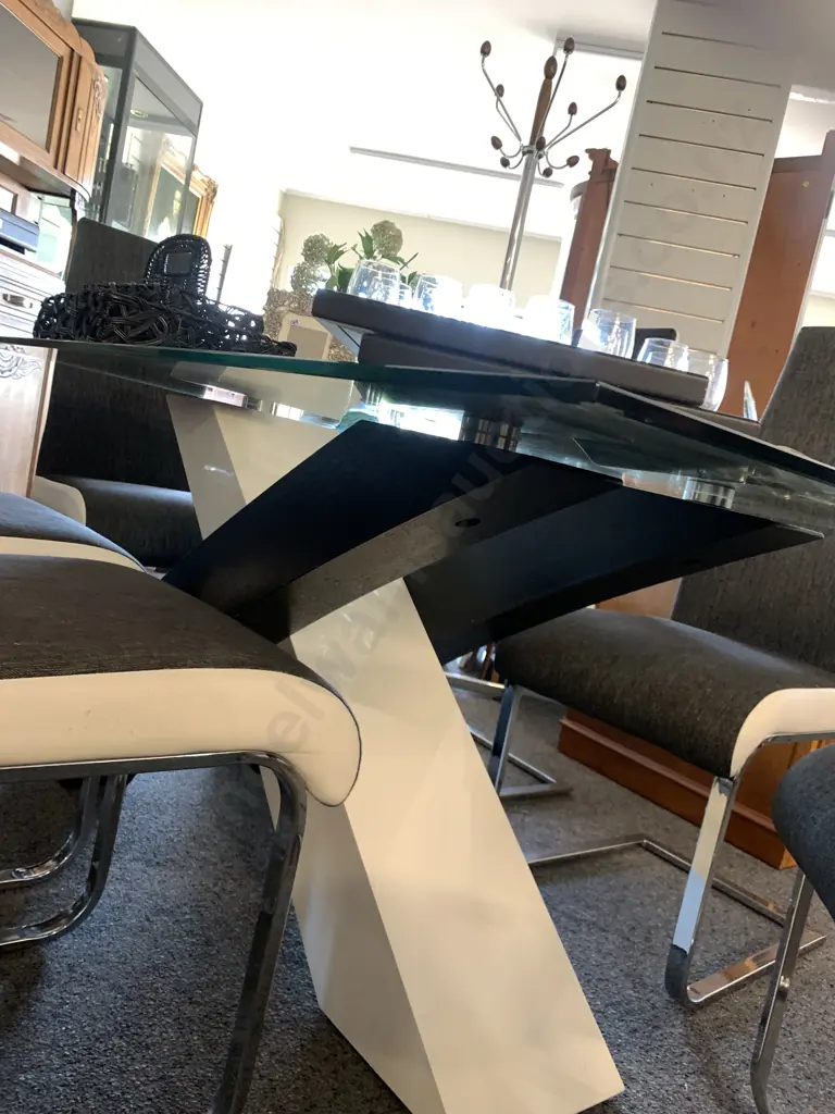 Modernist Rectangular Glass Top Table With A Black & White X Base, L1.6m, W90cm, H73cm Bevelled Edge, Small Flaw Image 1++