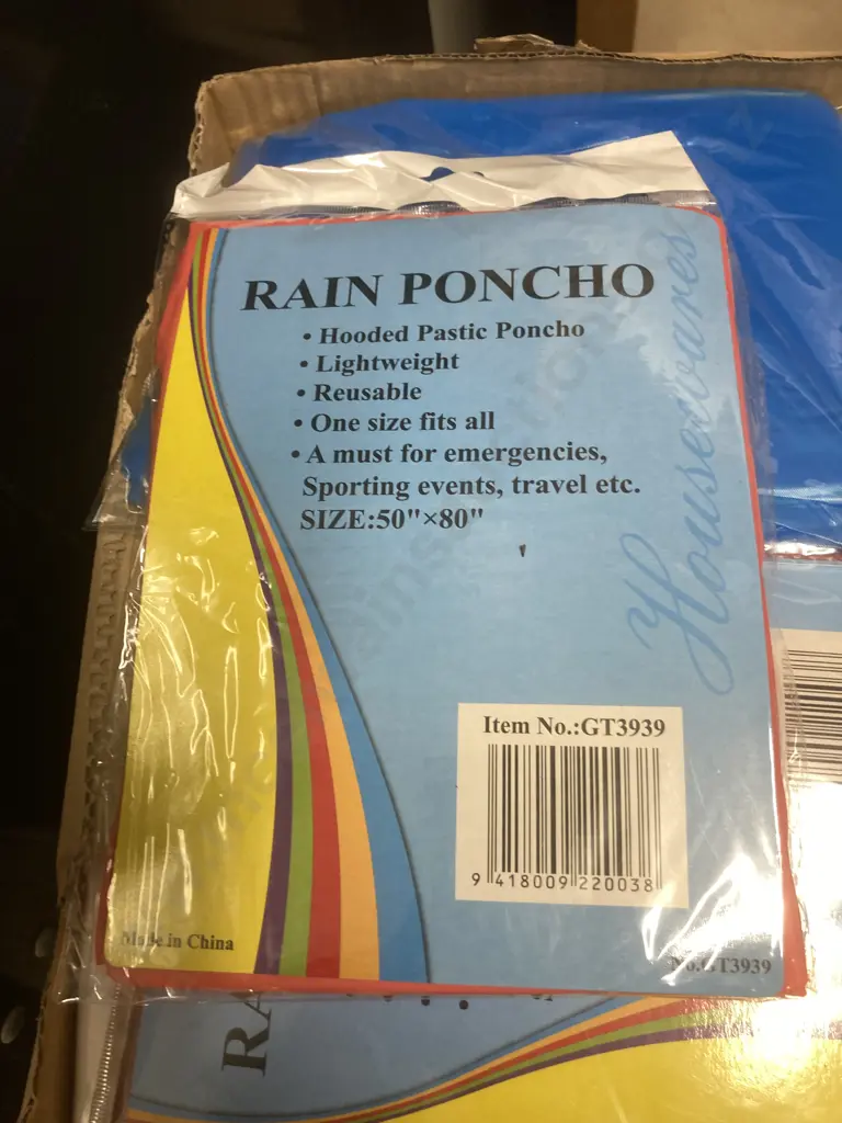 Lot of Seventy Two New Rain Poncho's, 50" x 80" Image 1++