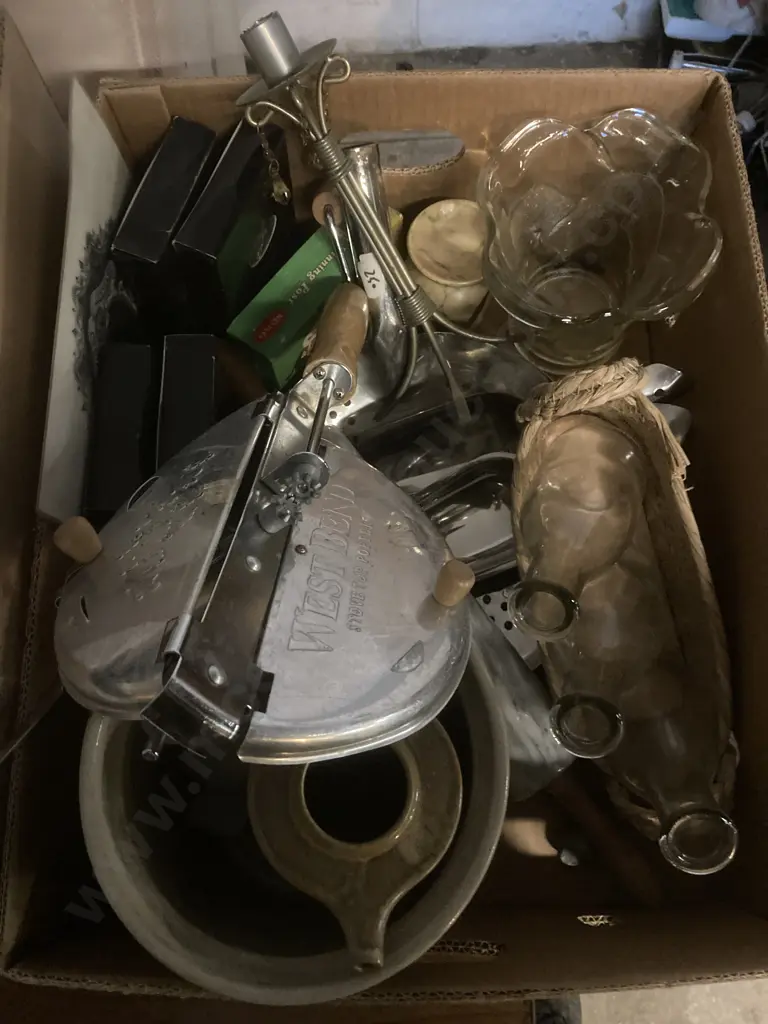 Box Lot Of Marble Rolling Pin, Flasks, Vases Etc Image 1++