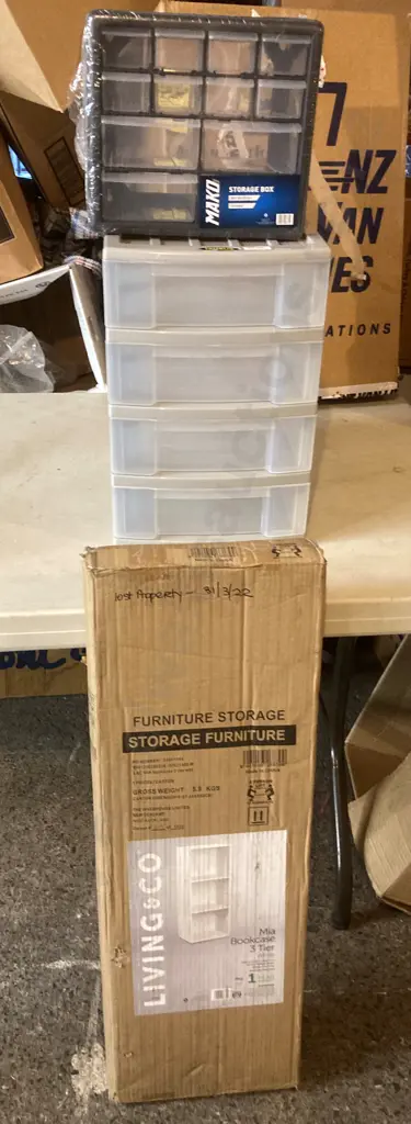 New Mia Storage 3 Tier Bookcase, Taurus Plastic Sorter Drawers & Mako Storage Box Image 1++
