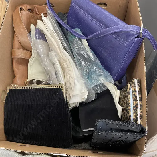 Selection of Vintage Clutches, Hand Bags, Glass, Glove Etc