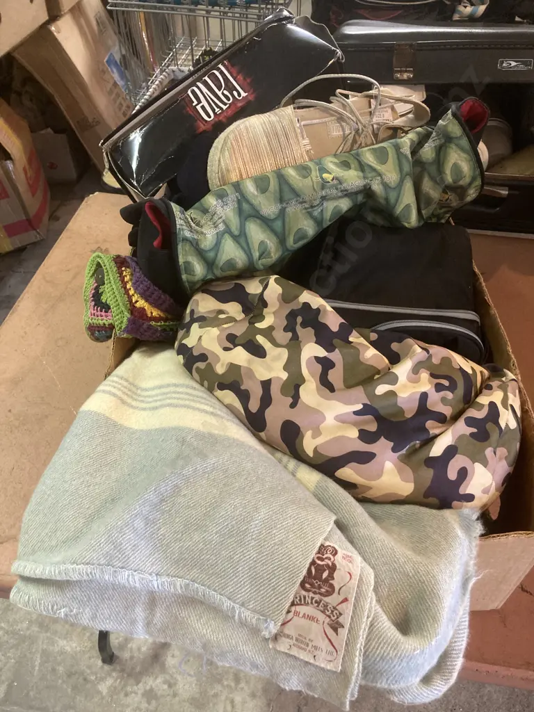 Box Lot Of Woollen Blanket, Selection Of Bags, Shoes Etc Image 1++