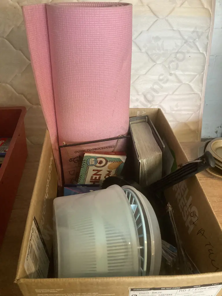 Box Lot Kitchen Sundries, DVD, Exercise Mat Etc Image 1++