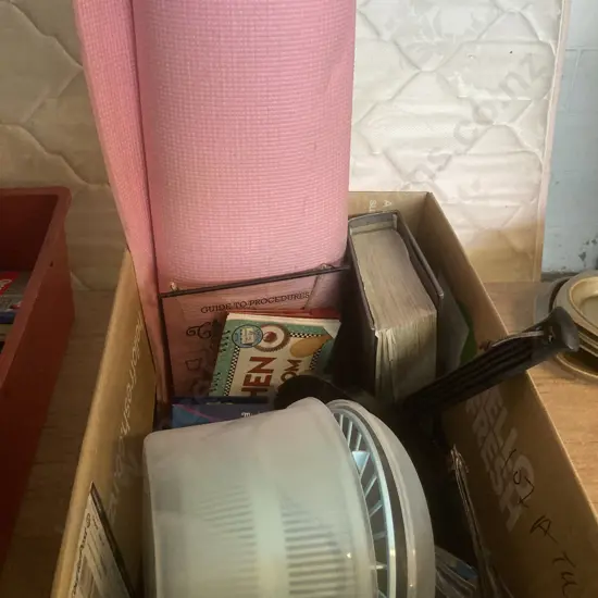Box Lot Kitchen Sundries, DVD, Exercise Mat Etc