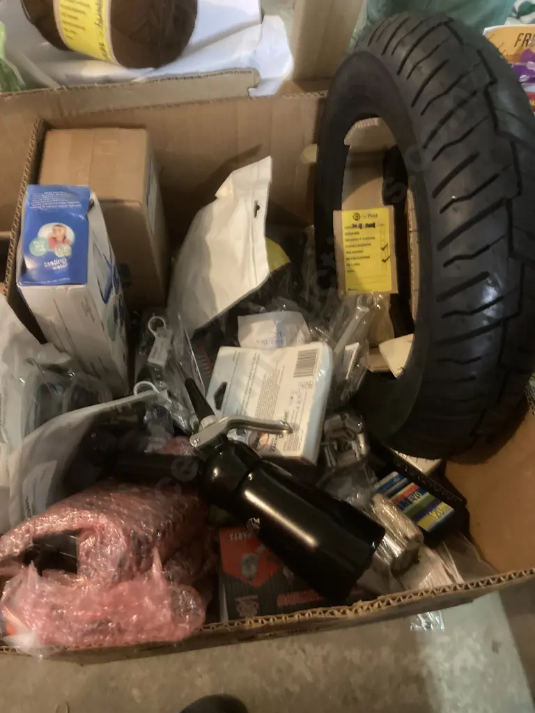 Box Lot Hardware, Shinko 90/90-10 m/c 50J Tyre, Spanners Etc Image 1++