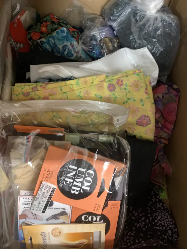 Box Lot of Fabric Pieces, Wool, Pantyhose, Socks Etc Image 1++