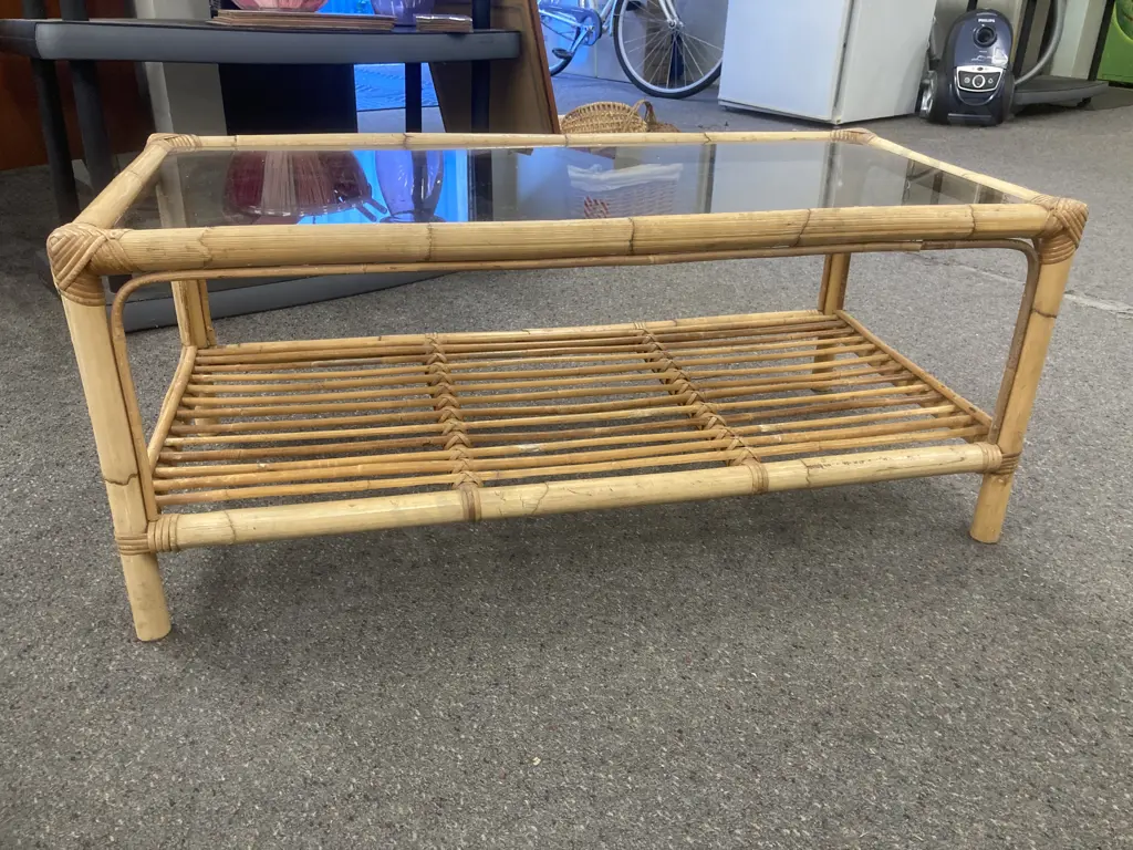 Retro Rectangular Cane Coffee Table With Glass Top, H40 L95 W47cm Image 1++