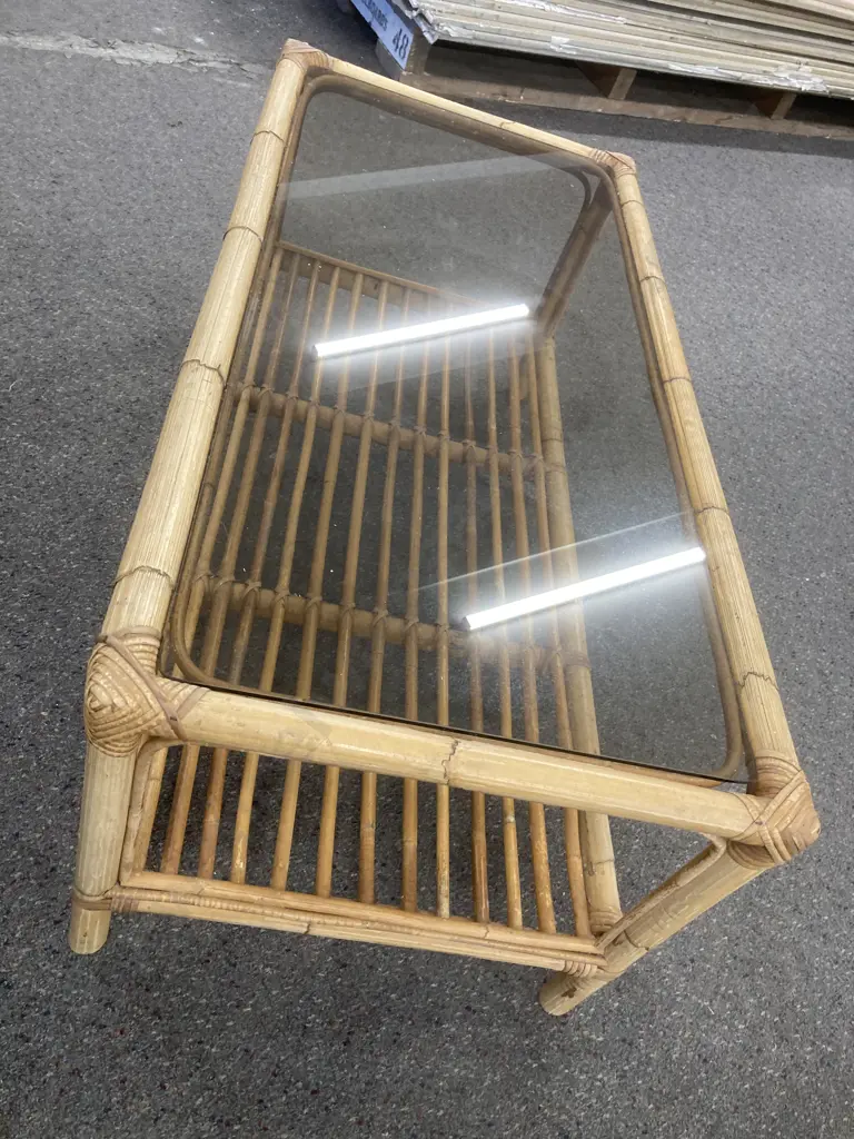 Retro Rectangular Cane Coffee Table With Glass Top, H40 L95 W47cm Image 1++