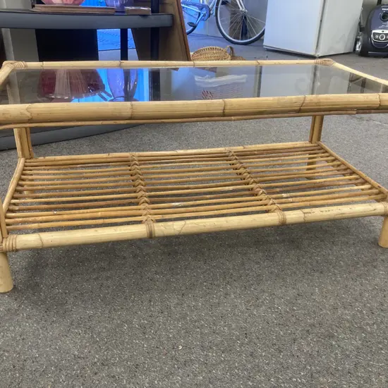 Retro Rectangular Cane Coffee Table With Glass Top, H40 L95 W47cm