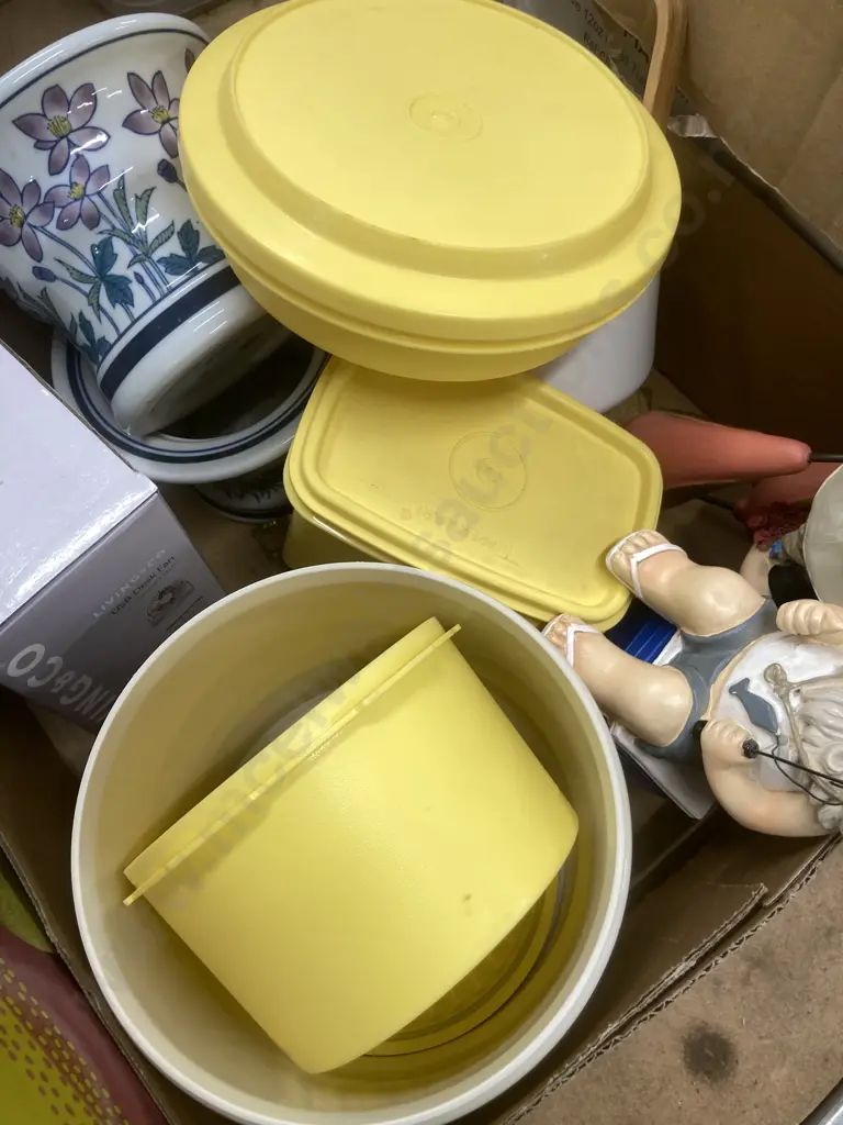 Box Lot Tupperware, Figurines, Teapot Etc Image 1++