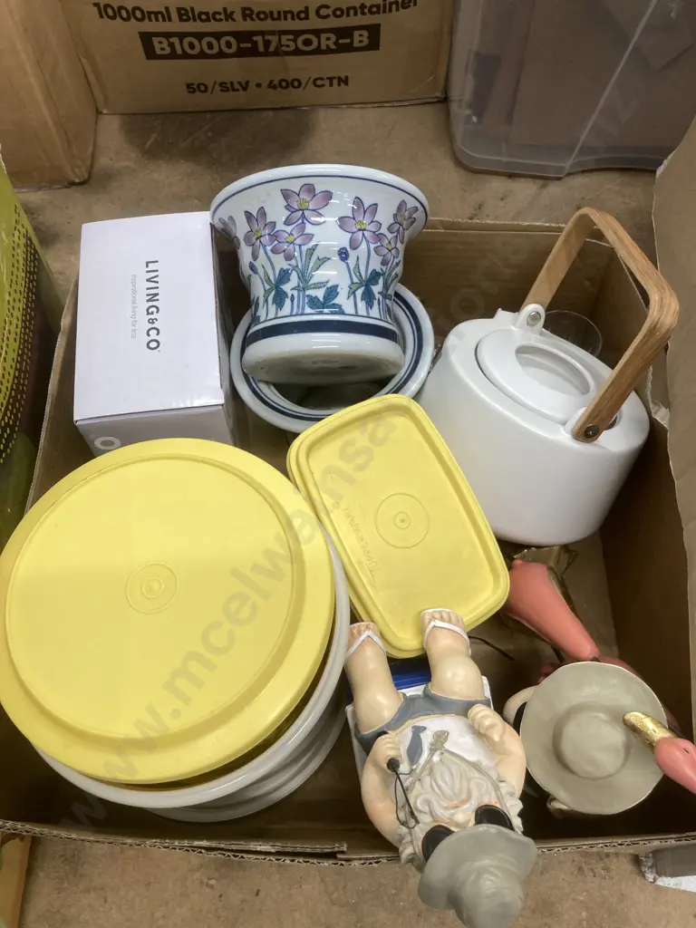 Box Lot Tupperware, Figurines, Teapot Etc Image 1++