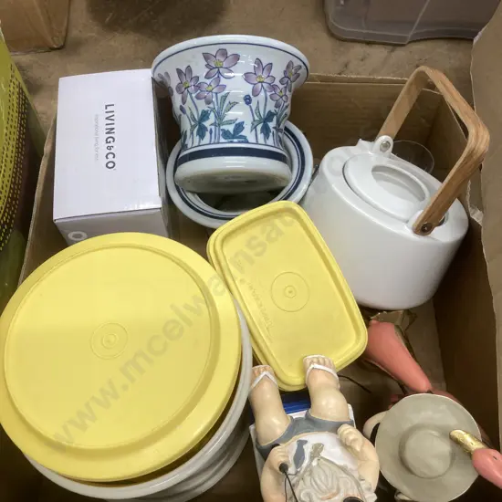 Box Lot Tupperware, Figurines, Teapot Etc