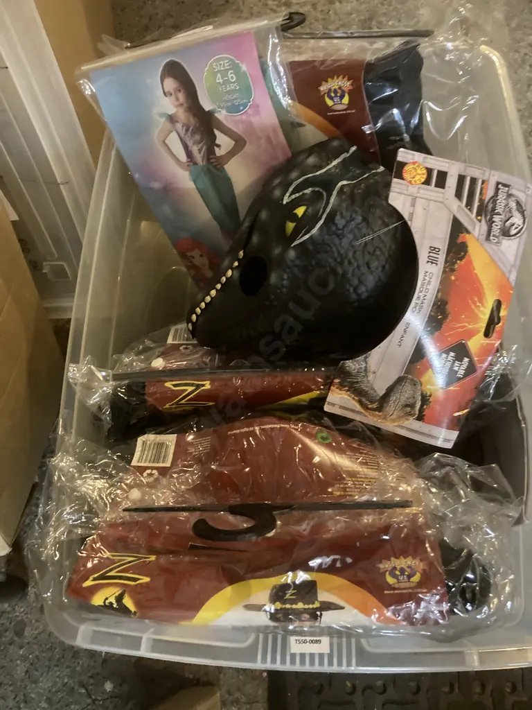Clear Bin Childrens Dress-Ups, Zorro, Little Mermaid, Jurassic World Mask Etc Image 1++