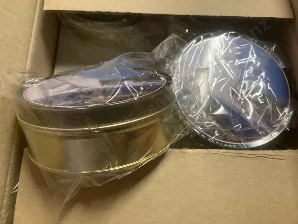 Lot of 324 New Printed Lidded Tins, 35 x 95mm, Assorted Geyser & Kayaking Image 1++