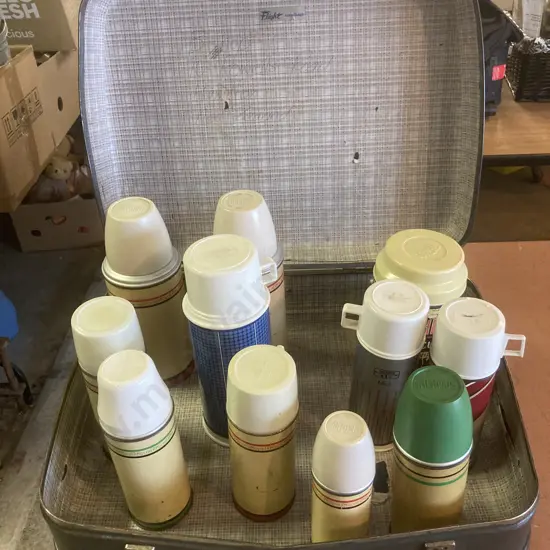 Flight Travel Case With Assorted Vintage Thermos Brand Thermoses