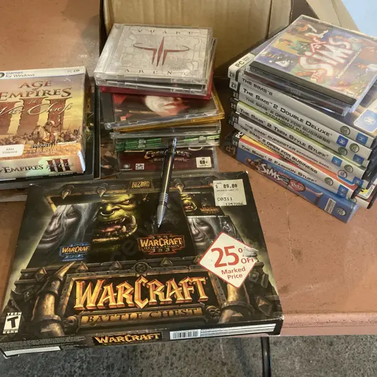 Assorted PC Games, Warcraft, Age Of Empires, Quake Arena Etc & 10 x  Sims Games