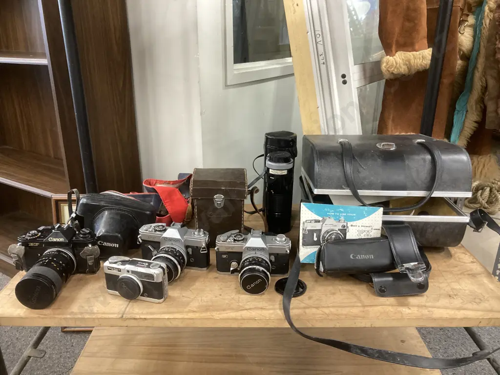 Vintage Canon Cameras x 4 - FT, FT QL, EF & Bell & Howell, Canon FD 100-200 Lens, Assorted Lenses, Case Etc Image 1++