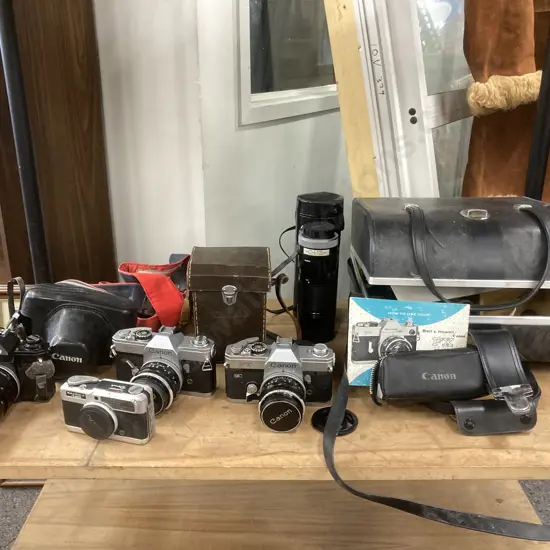 Vintage Canon Cameras x 4 - FT, FT QL, EF & Bell & Howell, Canon FD 100-200 Lens, Assorted Lenses, Case Etc
