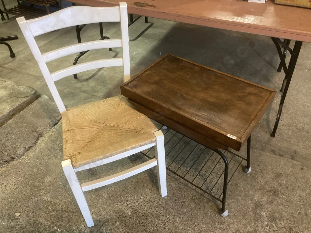 Vintage Oak Top Rectangular Mobile Table With Drawer And  White Rattan Seat Dining Chair Image 1++