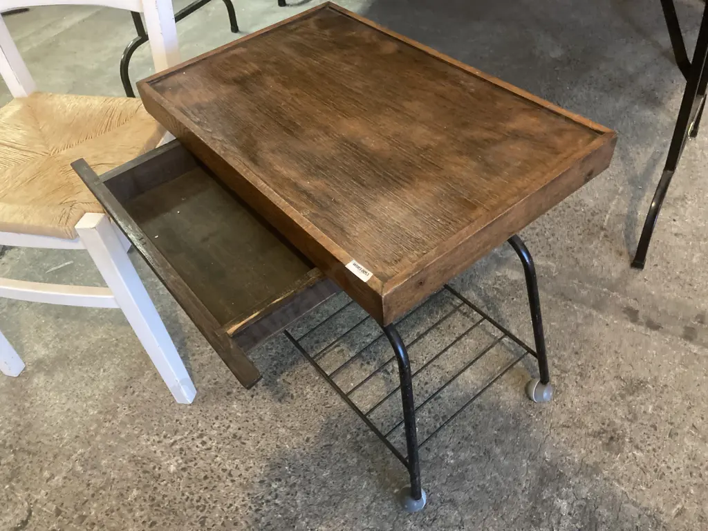 Vintage Oak Top Rectangular Mobile Table With Drawer And  White Rattan Seat Dining Chair Image 1++