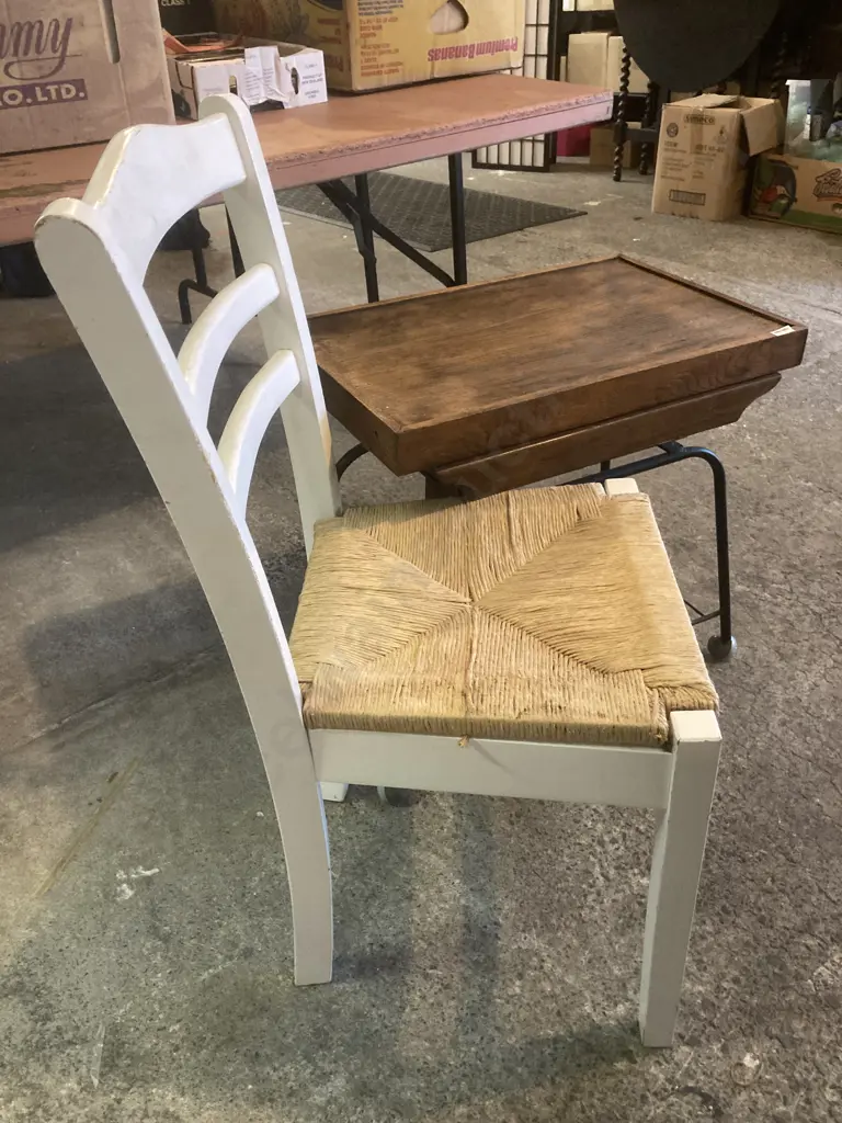Vintage Oak Top Rectangular Mobile Table With Drawer And  White Rattan Seat Dining Chair Image 1++