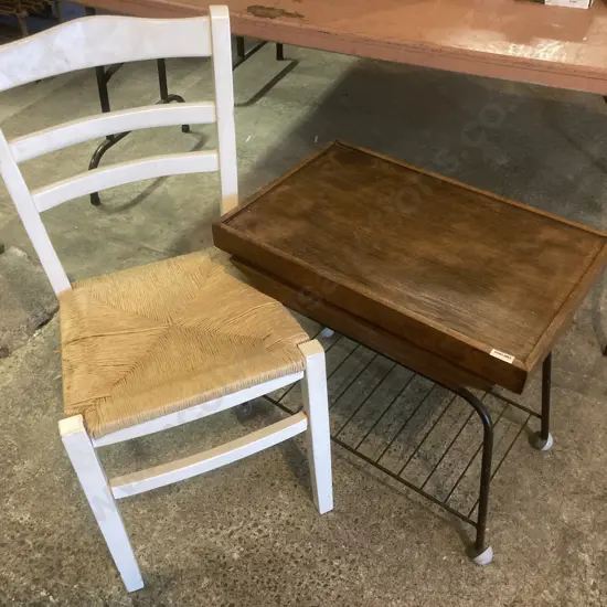 Vintage Oak Top Rectangular Mobile Table With Drawer And  White Rattan Seat Dining Chair