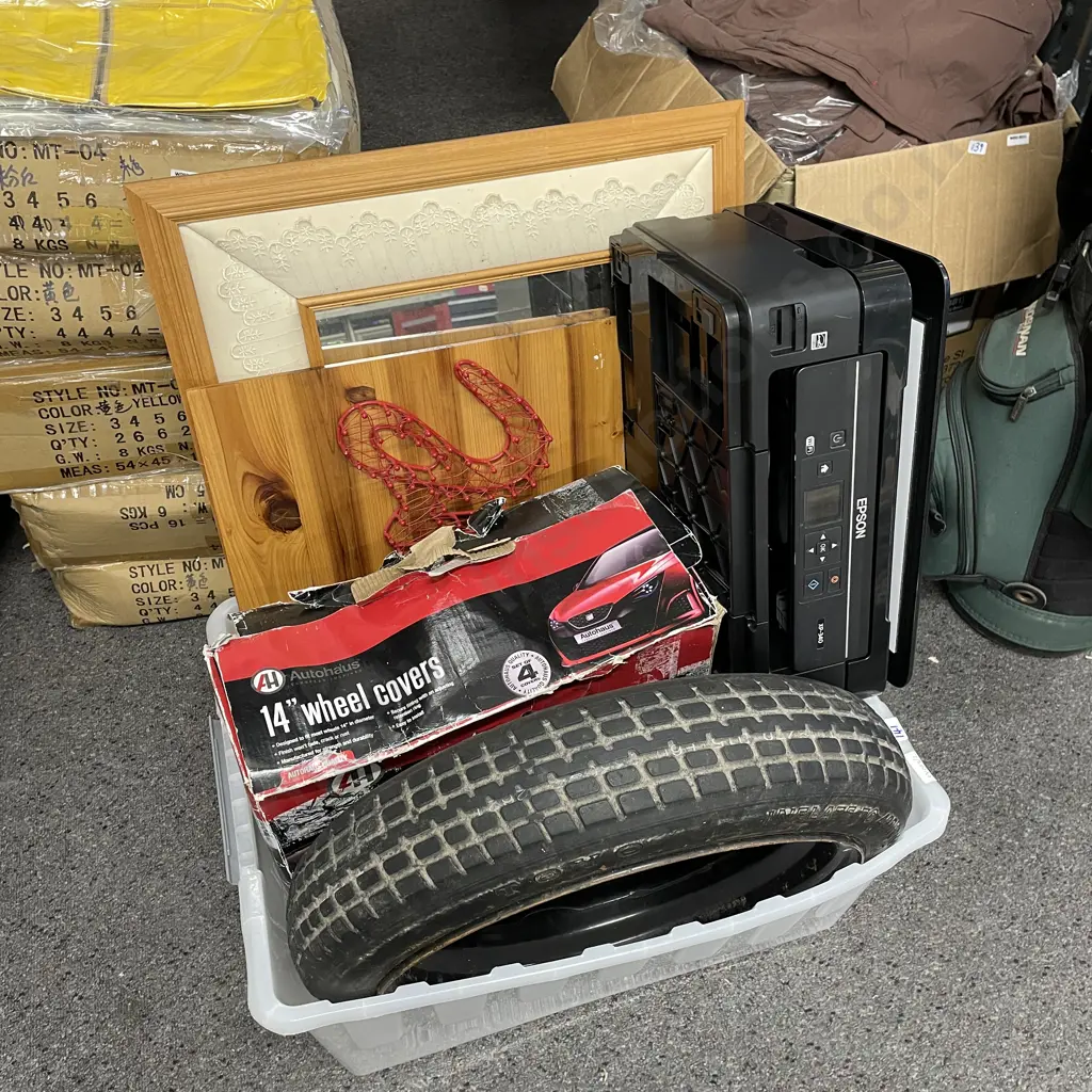 Box of Assorted including Toyo Wheel, Wheel Covers, mirror, Love artwork and Epson Printer Image 1++