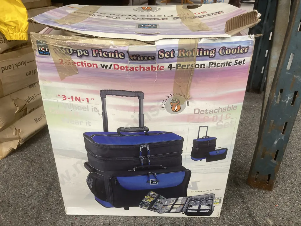 New Rolling Picnic Cooler, 2 Section With Detachable 4-Person Picnic Set Image 1++