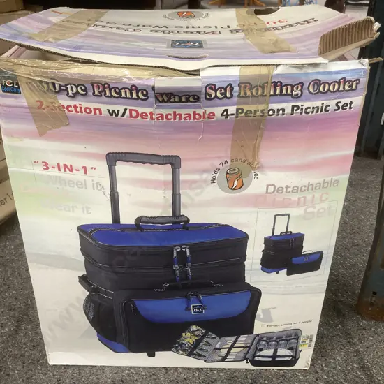 New Rolling Picnic Cooler, 2 Section With Detachable 4-Person Picnic Set