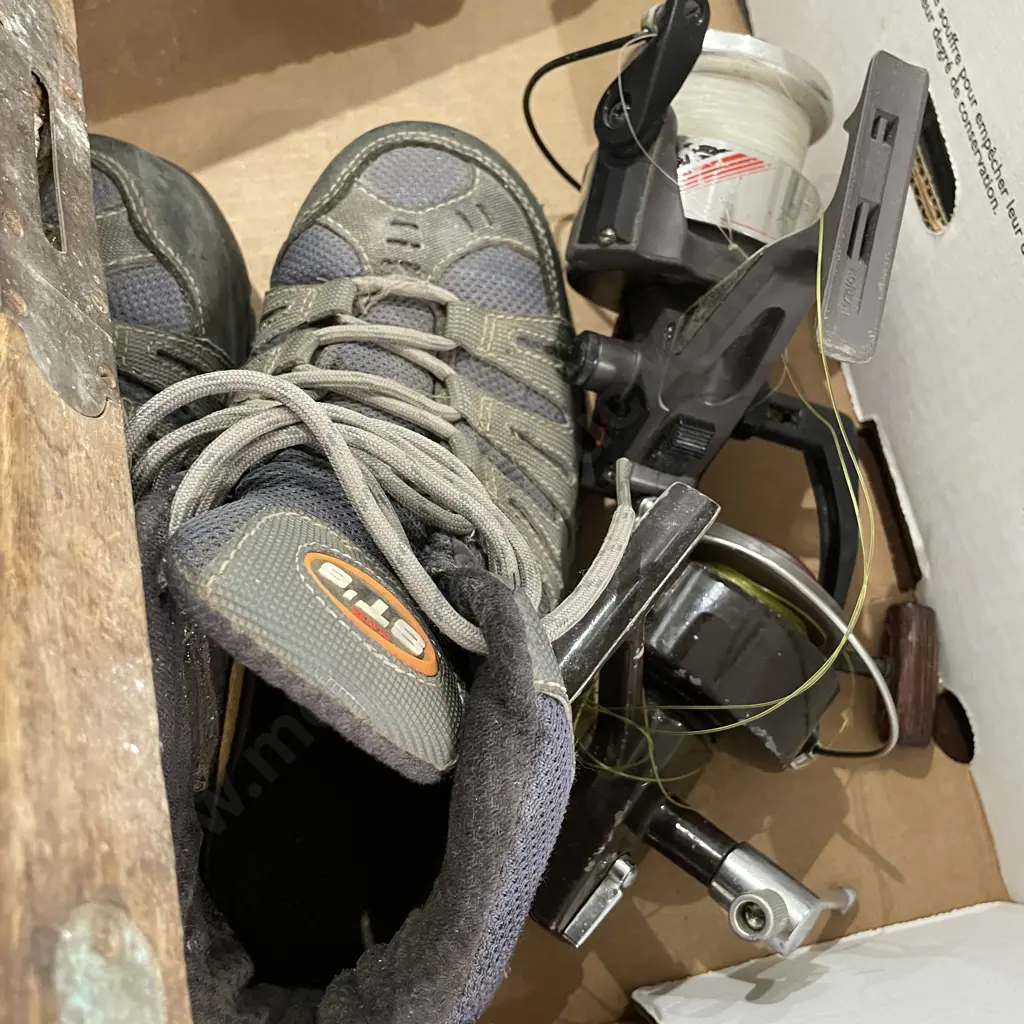 Box of Assorted. Two fishing reels, Veon Speaker?, Boots and two vintage levels Image 1++