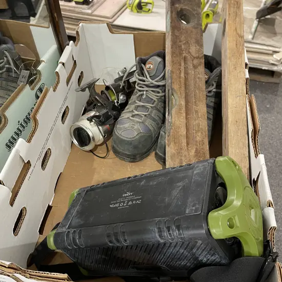 Box of Assorted. Two fishing reels, Veon Speaker?, Boots and two vintage levels