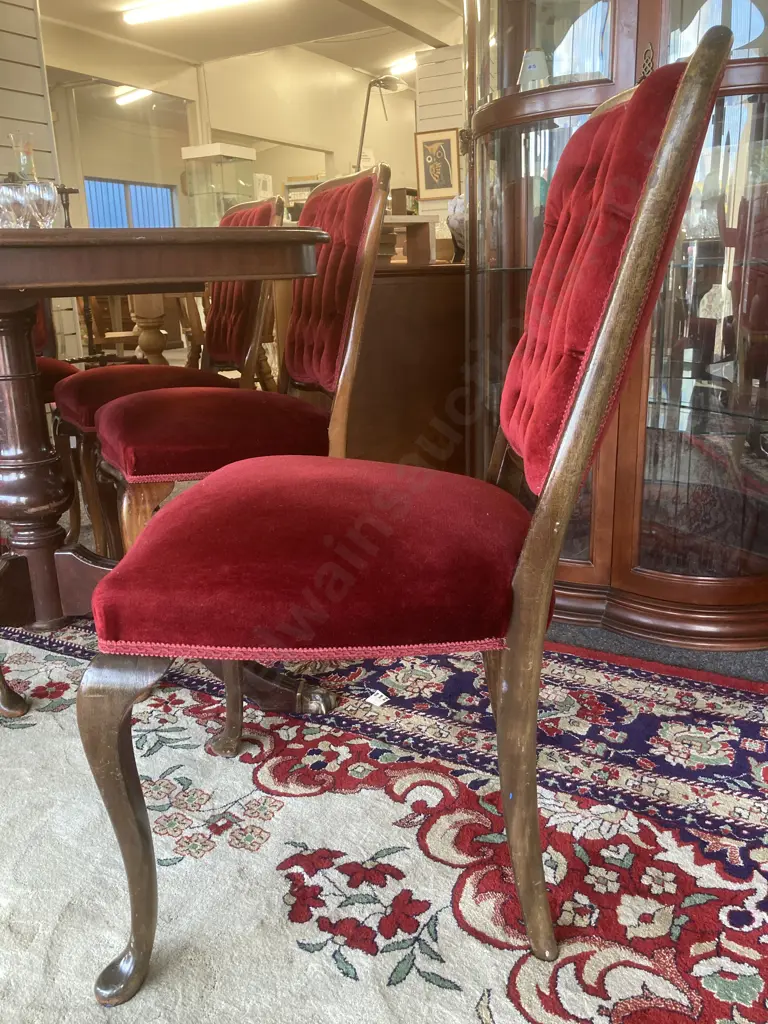 Mahogany Extension Dining Suite, Double Pedestal Brass Claw Feet, 6 Red Velour Buttonback Chairs, H77 L164 D90cm Image 1++