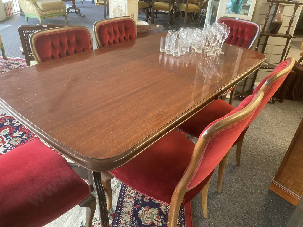 Mahogany Extension Dining Suite, Double Pedestal Brass Claw Feet, 6 Red Velour Buttonback Chairs, H77 L164 D90cm Image 1++